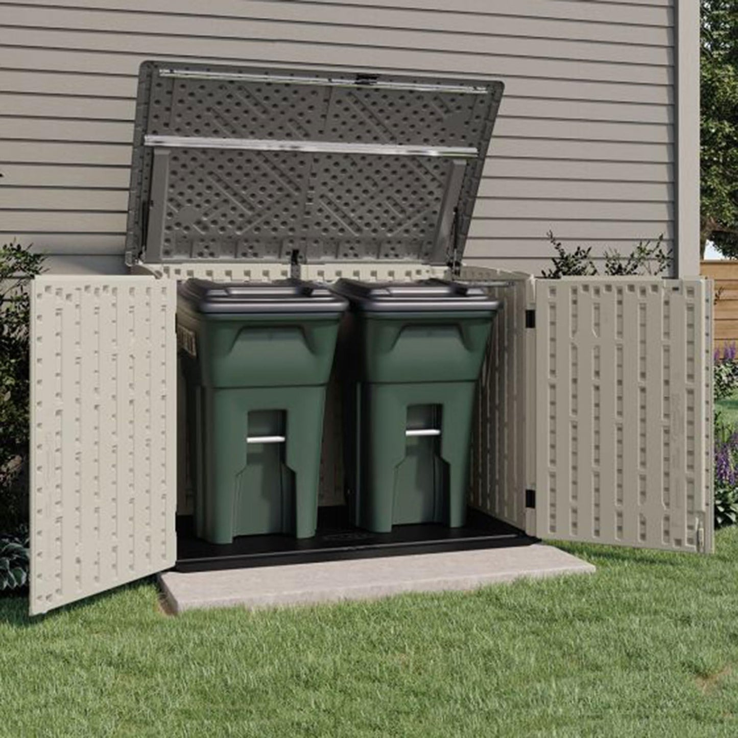 Suncast 5.9 ft. x 3.7 ft Horizontal Stow-Away Storage Shed - Natural Wood-like Outdoor Storage for Trash Cans and Yard Tools - All-Weather Resin, Hinged Lid, Reinforced Floor - Vanilla and Stoney