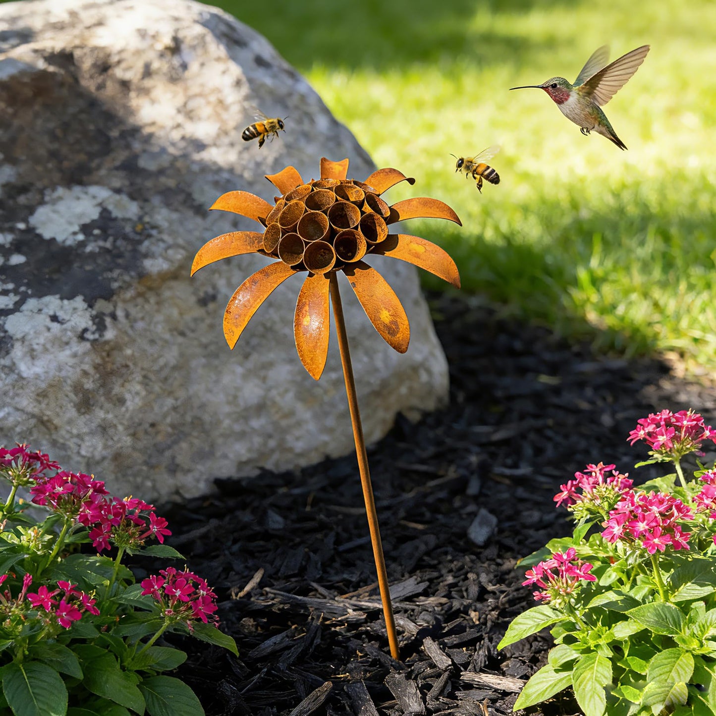 WHBIMGOOO Metal Flowers for Outside, Decorative Garden Stakes, Flower Bed Decorations Outdoor, Metal Garden Flowers Sculpture for Lawn Porch Pathway Patio