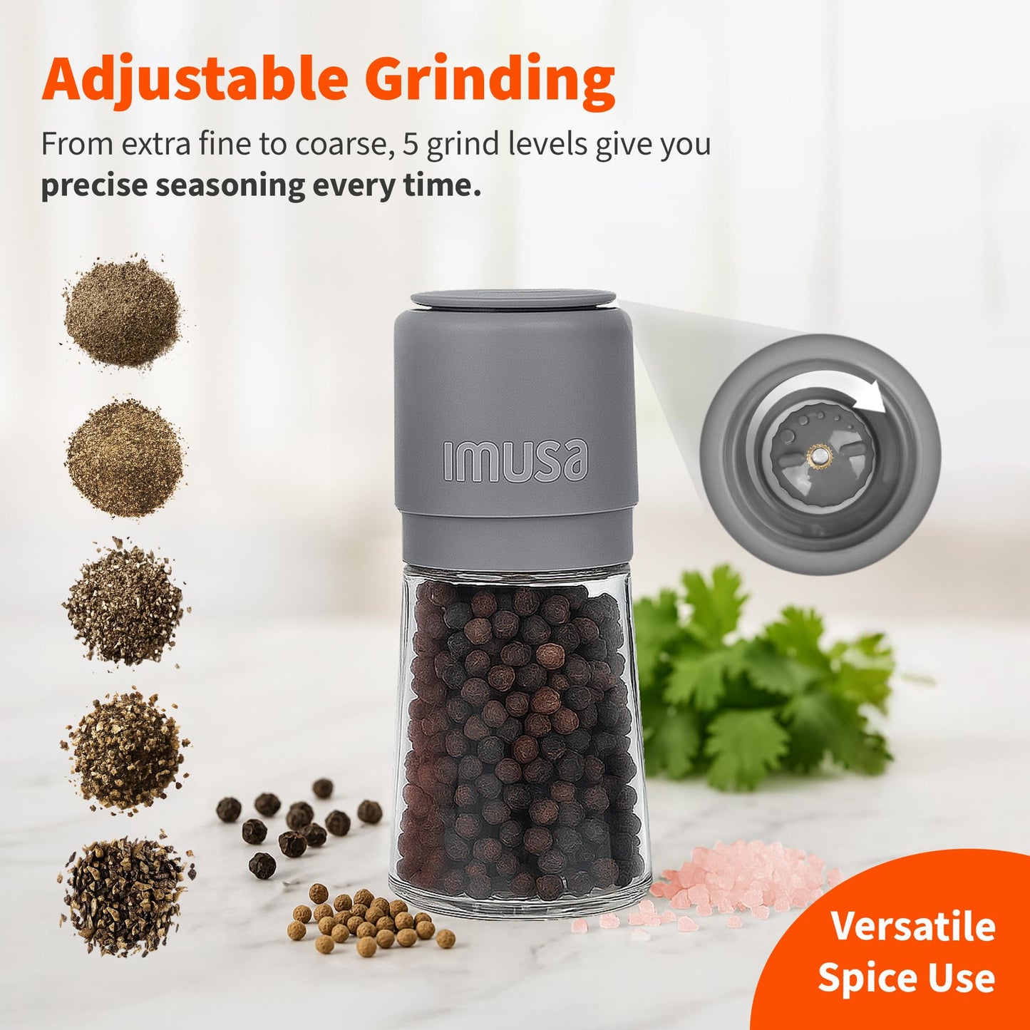IMUSA Salt and Pepper Grinder Set – 2-Pack Manual Salt Grinder & Pepper Mill with Adjustable Ceramic Grinder for Coarse to Fine Spices, 4oz, Refillable Glass Base, Easy-Grip Salt & Pepper Set