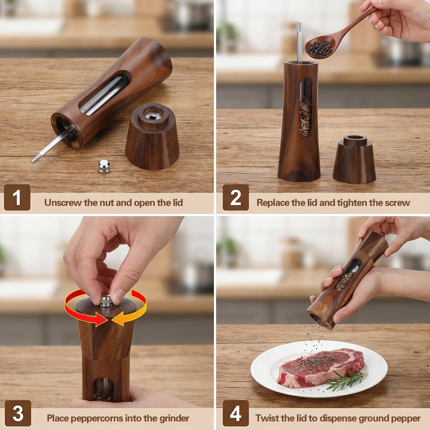 Wood Salt and Pepper Grinder Set, 8 inch Manual Refillable Wooden Salt and Pepper Shakers Mill with Brush, Tray and Spoon, Adjustable Coarseness, Solid Wood with Ceramic Stainless Steel Core