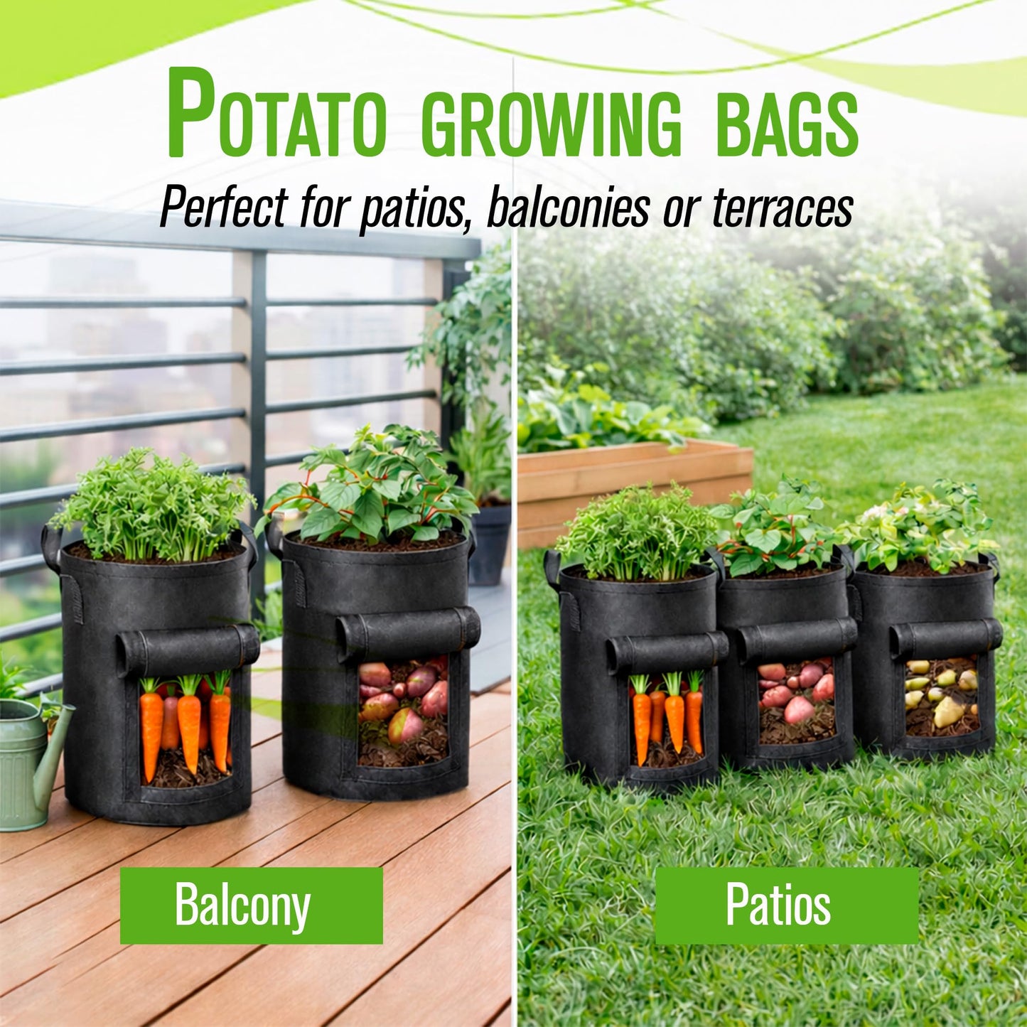SunVara 10 Gallon Grow Bags, 5 Pack - Breathable Fabric Plant Pots with Handles & Harvest Window for Potatoes, Tomatoes, Vegetables