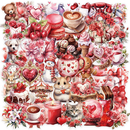 50pcs Transparent Love Stickers,Red Vintage Valentine Sticker Waterproof PET Stickers for Scrapbook Journaling Photo Album Collage Card Heart Romantic Sticker for Teens and Adults (red)