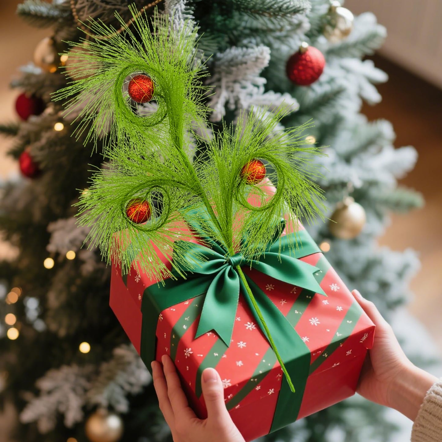6 PCS 17" Christmas Tree Topper Christmas Floral Picks with 3 Red Ball,Xmas Artificial Flowers Wreath Green Stems,DIY Xmas Ornaments Crafts Winter Christmas Decorations Gift Wrapping