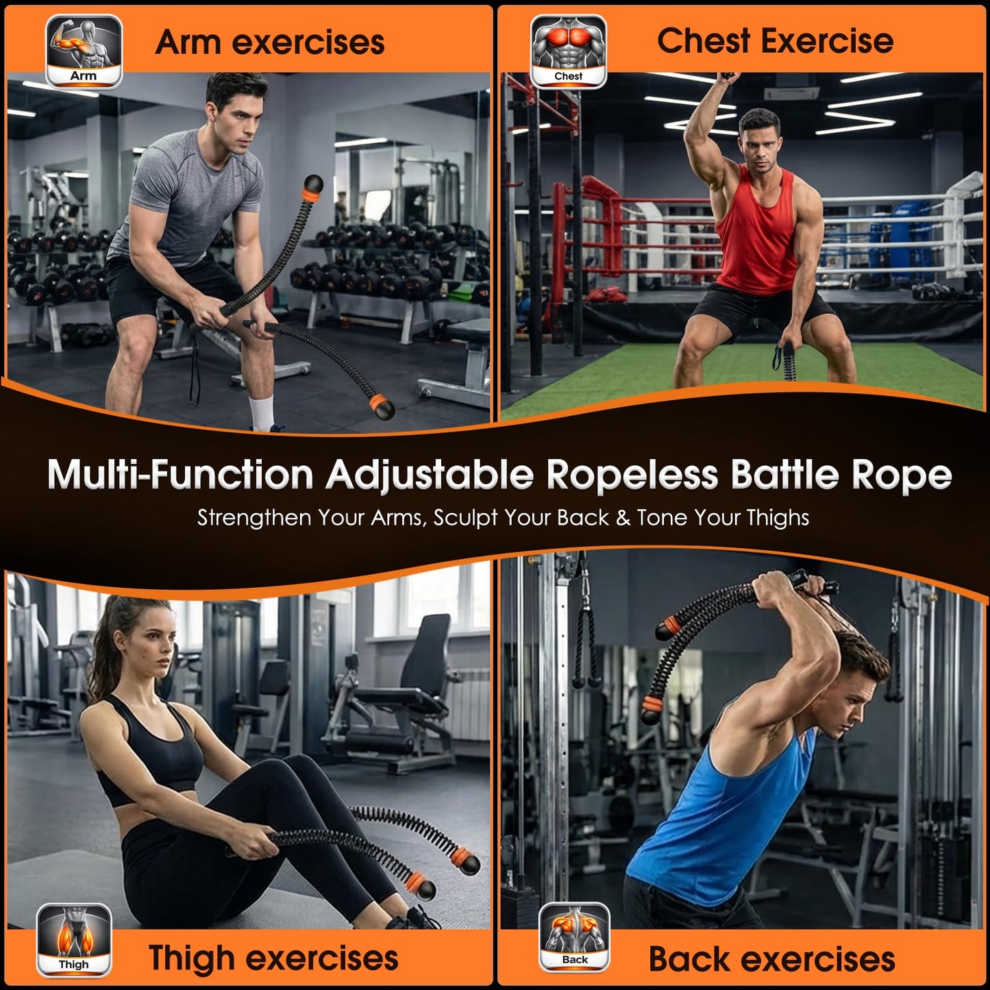 BRVENIU Ropeless Battle Rope - Portable Weighted Battle Ropes with Adjustable Weights No Anchor Design for Home Gym HIIT, Strength, Core, Full Body Workout Heavy Duty for Men & Women (Black)