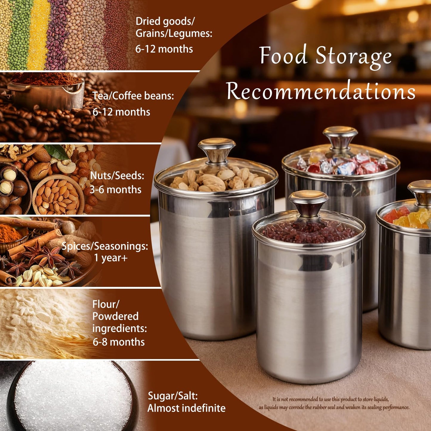VTWTV Stainless Steel Food Canister Set 4-Piece, Airtight Kitchen Storage Containers with Lids, Metal Canisters for Flour Sugar Coffee & Pantry Organization, Rustproof & Durable Countertop Jar Set