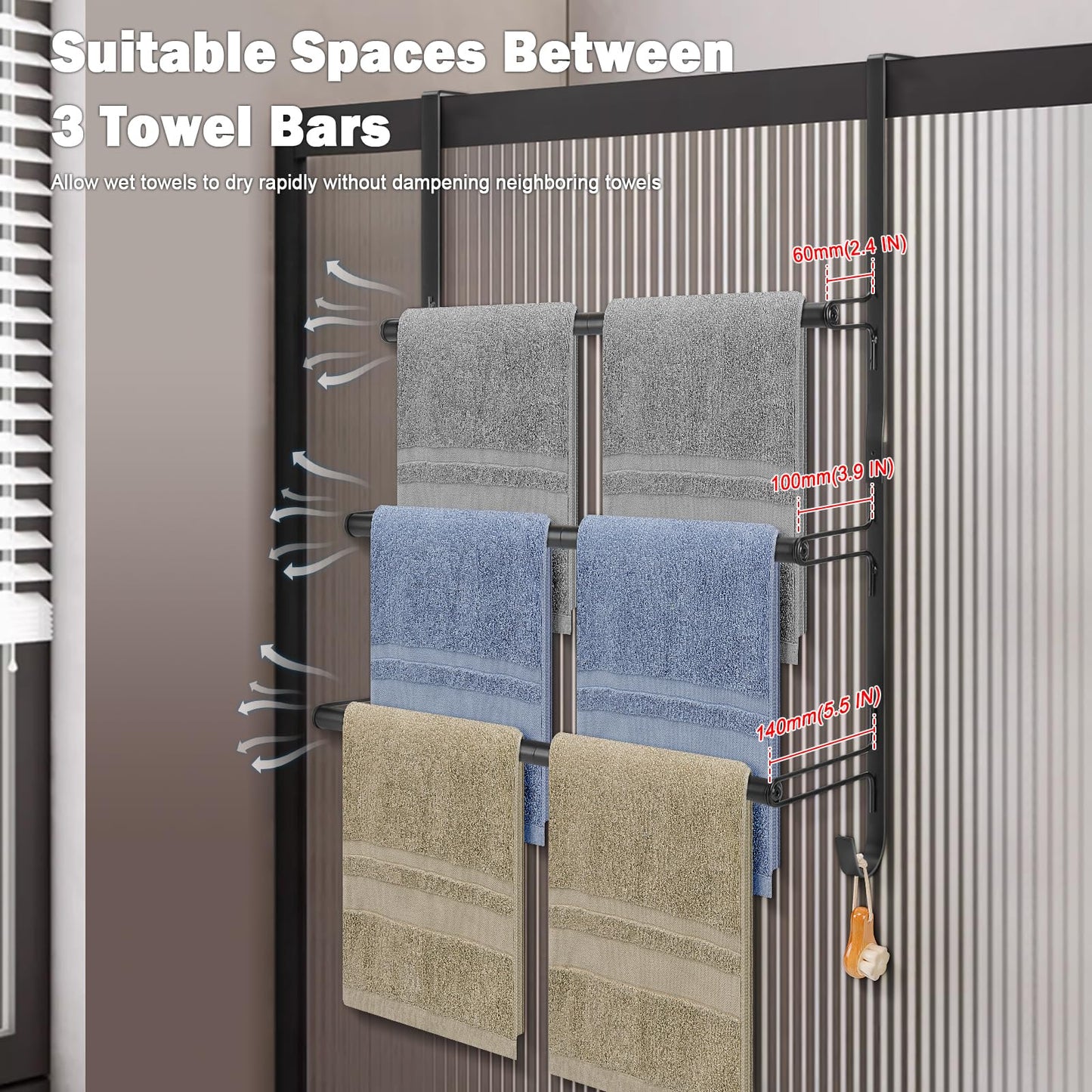 Livabber 3-Tier Over The Door Towel Rack, All Metal Towel Rack with Hooks for Door Hanging, Behind Door Towel Bar Towel Storage Holder for Bathroom Accessories, Black (19.37" L x 5.9" W x 24.4" H)