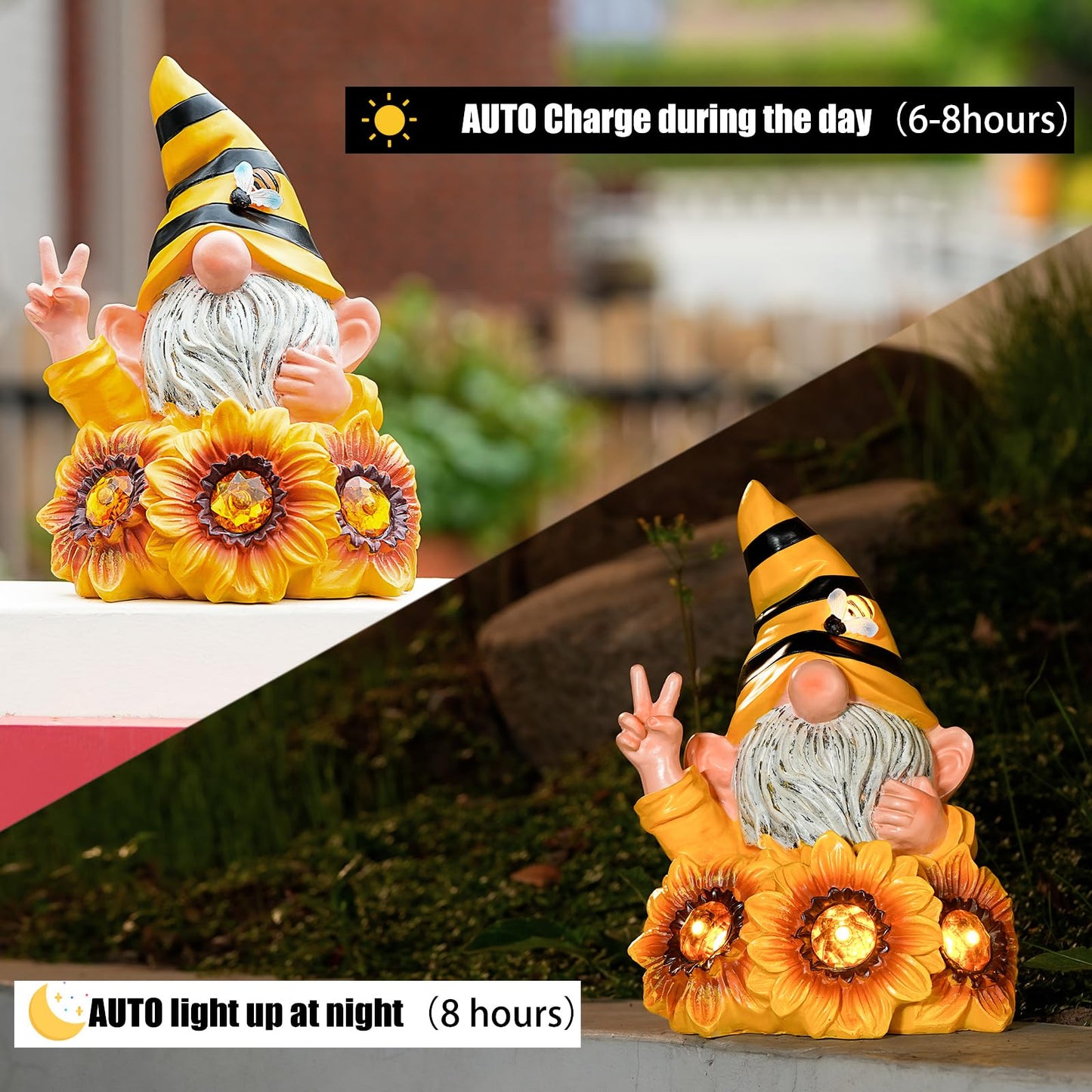 Joint Honglin Solar Garden Gnome Statue with Crystal Sunflower Lights - Outdoor Bee Gnome Figurine with Glowing Bee, Waterproof Resin Yard Art Decor for Patio, Lawn, Porch, Summer Gardening Gift