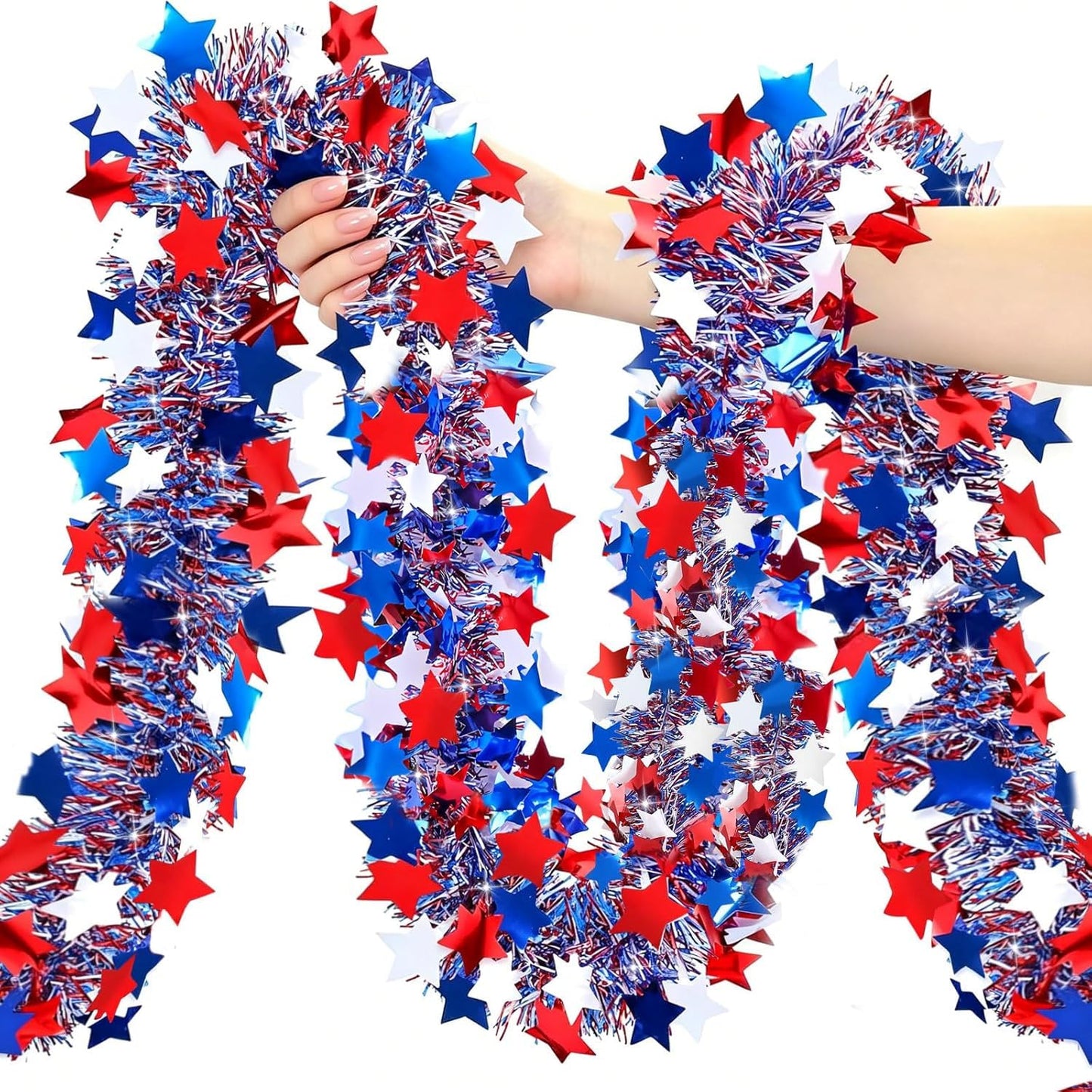 YunPuff 33Ft 4th of July Sequin Star Garland, Red White Blue Metallic Tinsel Twist Garland with 5-Pointed Stars, 2026 Patriotic Independence Day Decor for 250th Anniversary Home Staircase Porch