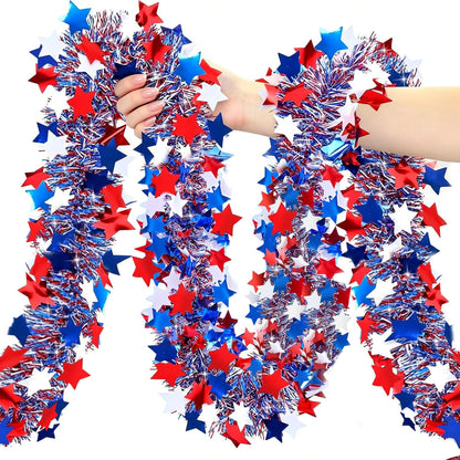 YunPuff 50 Ft Patriotic Star Garland, Red White Blue Metallic Tinsel with 5-Pointed Stars, 4th of July & America 250th Anniversary Decorations for Independence Day Party Mantle Porch Fireplace