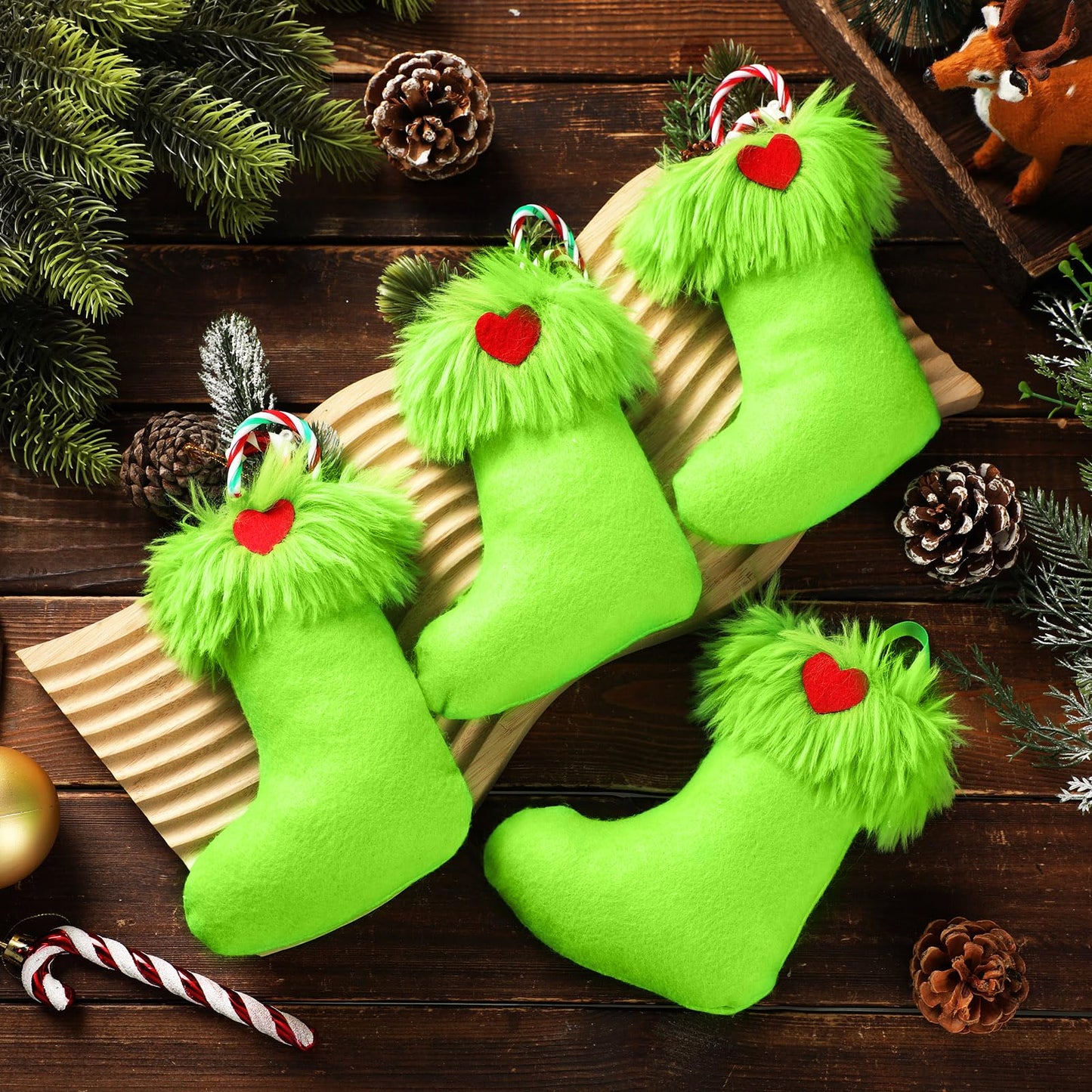 Realspring 24pcs Mini Christmas Stockings 6 Inch Green Faux Fur Xmas Stockings Mini Gift Small Fireplace Hanging Holiday Decorations Xmas Present for Christmas Family Party Tree Fireplace