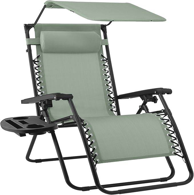 Best Choice Products 30” Wide Folding Zero Gravity Outdoor Recliner Patio Lounge Chair w/Adjustable Canopy Shade, Headrest, Side Accessory Tray - Sage Green
