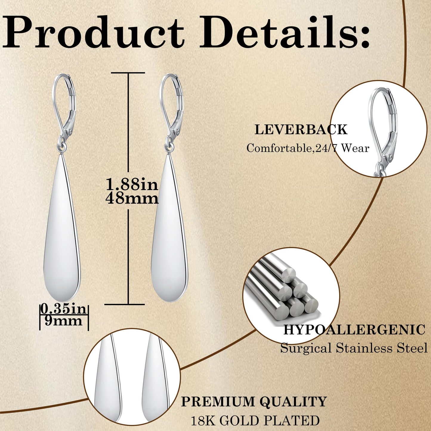 FLYUN 18k Gold Plated Long Teardrop Dangle Earrings For Women Trendy-Hypoallergenic Lightweight Leverback Dangle Earrings For Jewelry Gift(S&G)