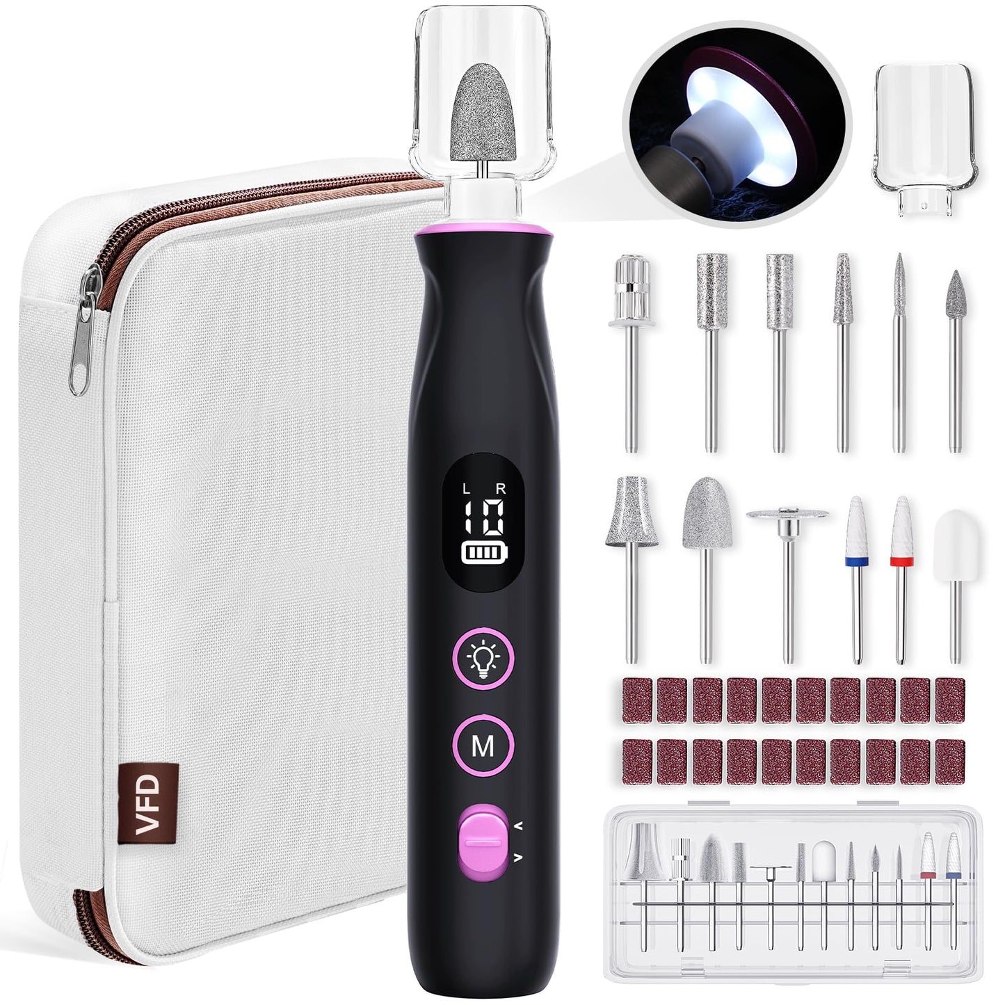 Electric Nail Drill, Cordless 2000 mAh Rechargeable Portable Nail File 12 in 1 Kit for Thick Toenails, 10 Speeds Nail Dril Machine Professional Manicure Pedicure for Hand Natural Nails Care (White)