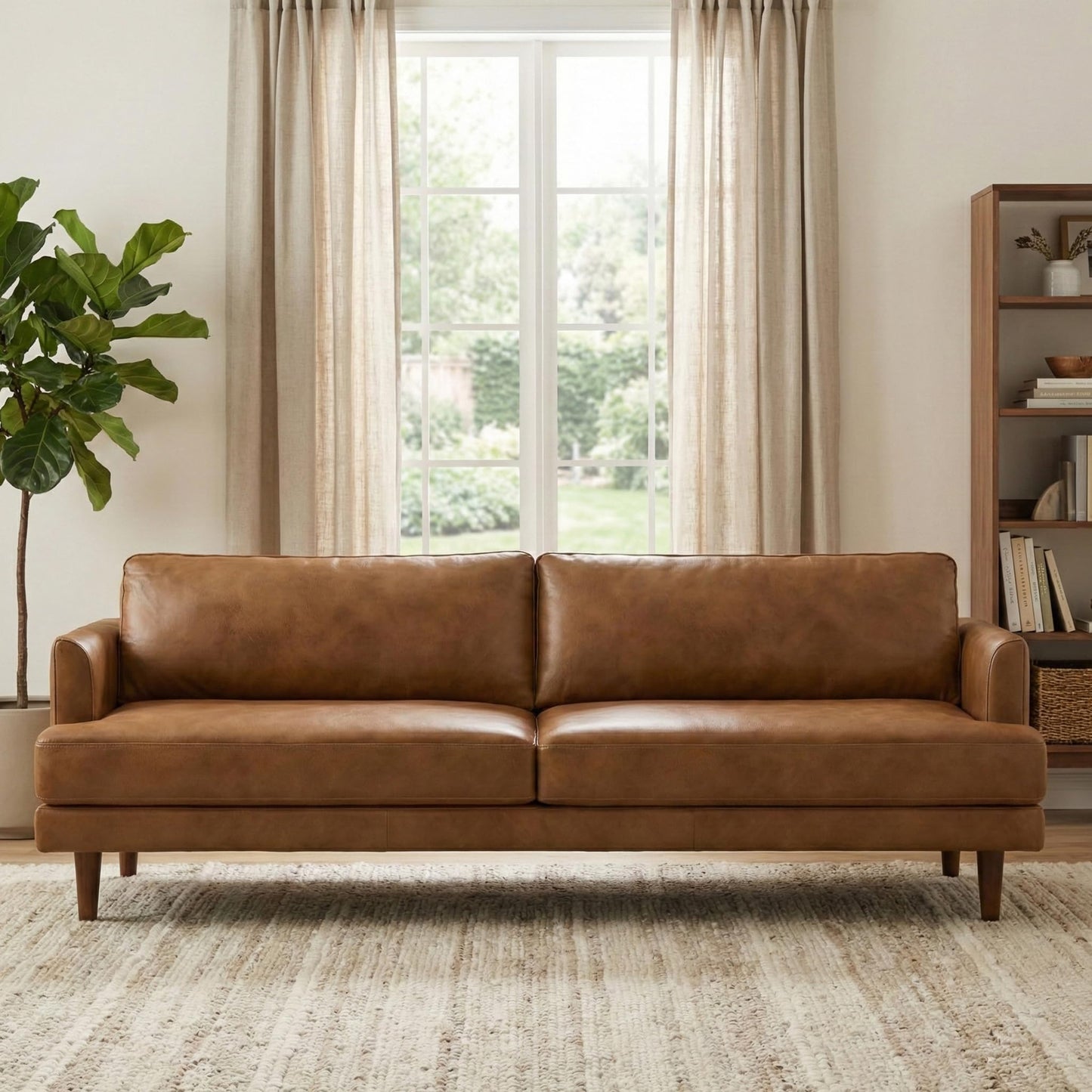 SIMPLIHOME Livingston Sofa - 90 inch Wide Top Grain Genuine Leather Sofa in Caramel Brown, Mid-Century Modern 3-Seater Couch for Living Room with Feather-Wrapped Cushions and Solid Wood Frame