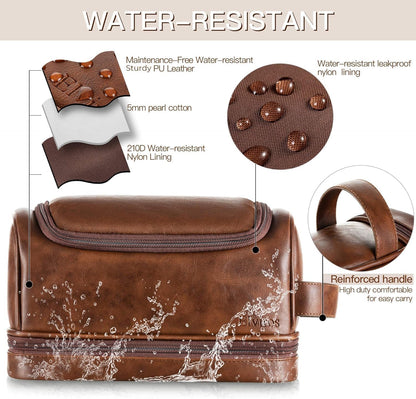 Elviros Water-Resistant Leather Toiletry Bag for Men Large Double-Layer Travel Wash Bag Shaving Dopp Kit Bathroom Gym Toiletries Makeup Organizer,Gift for Men (Dark Brown)