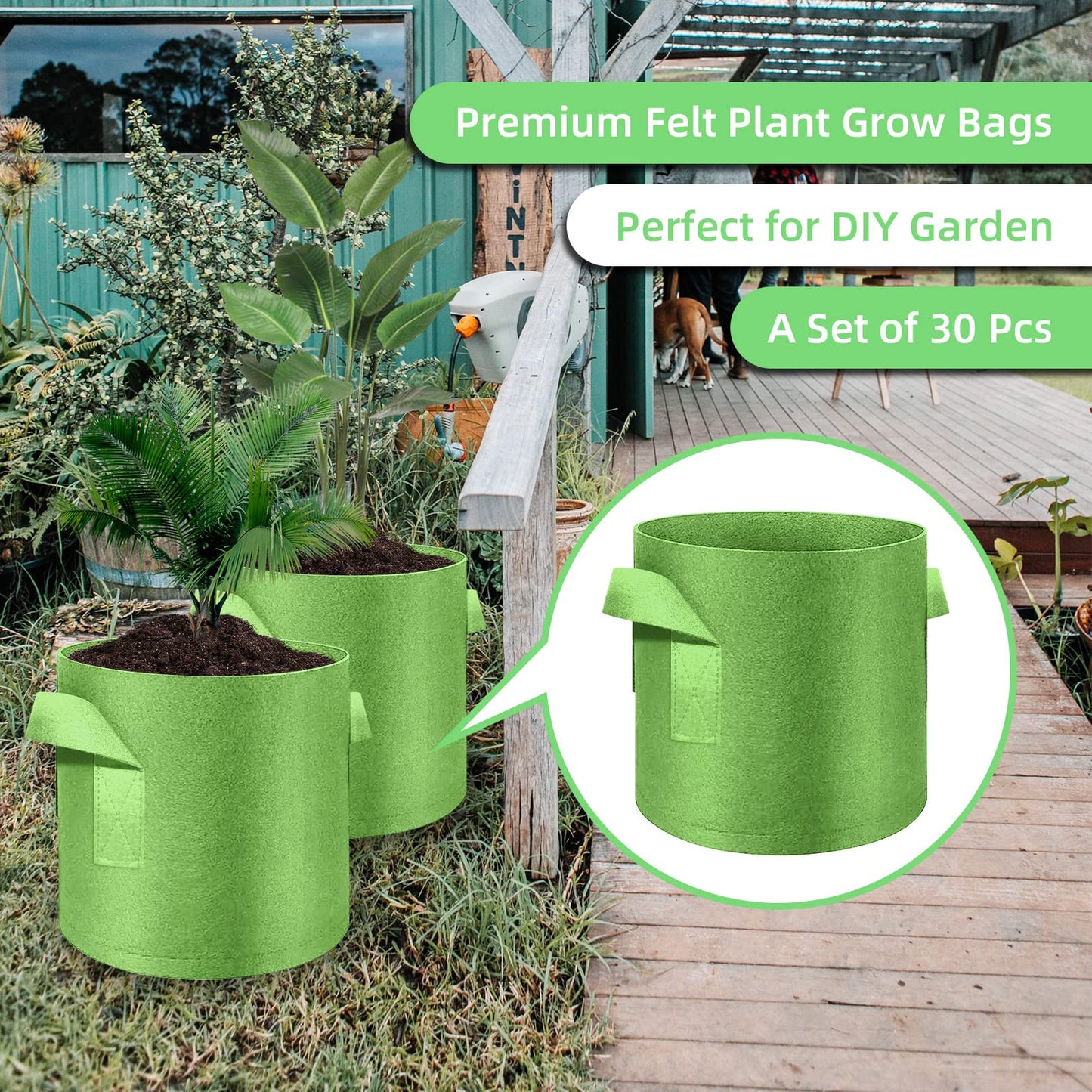 Ohiyoo 10 Gallon Garden Grow Bags, 30 Pack 10 Gal Planter Bags Fabric Pot, Nonwoven Grow Pots Heavy Duty Aeration Fabric Pots with Handles, Garden Fabric Planters for Vegetables Flowers (Green)