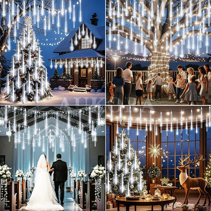 Aukora Christmas Lights Outdoor Meteor Shower Falling Rain Lights 12 inch 8 Tubes 192LED Snowfall Cascading Icicle String Light for Xmas Tree Decor Wedding Party Holiday Window Garden, UL Plug, White