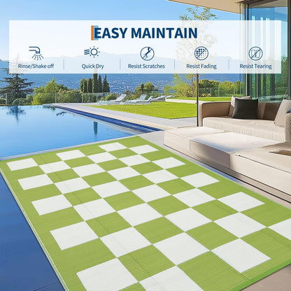 Garvee Outdoor Plastic Straw Rug 9x18 Waterproof UV Resistant Patio Camping Rug Modern Checkered Large Foldable Floor Mat for Camping, Picnic, Backyard, RV, Beach, Picnic, Deck, Green/White