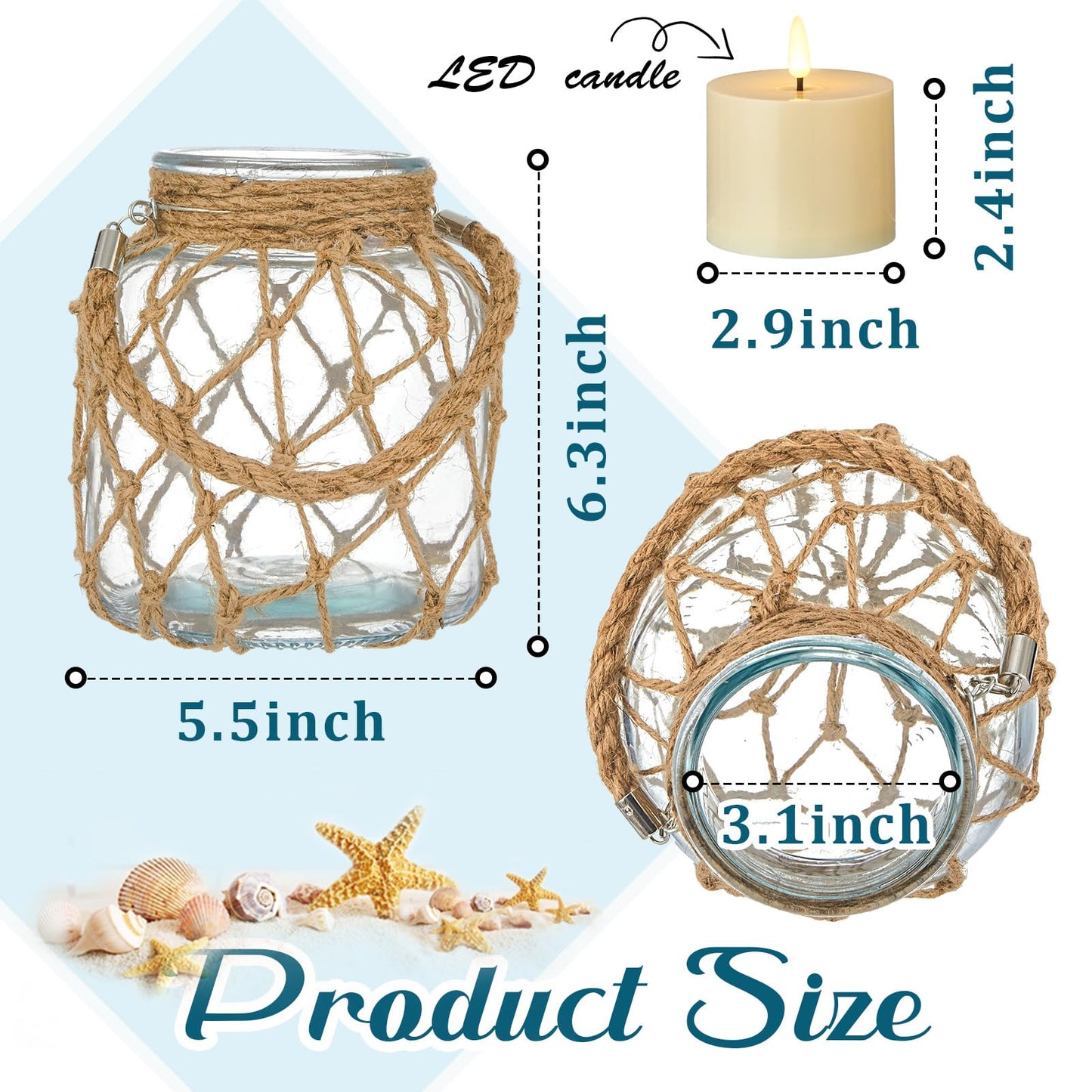 Blushtier 2 Set Nautical Candle Lantern with Rope Handle Coastal Glass Jar Battery Operated LED Flameless Lantern for Room Party Sea Beach House Table Centerpieces Decoration 5.5" x 5.5" x 6.3"