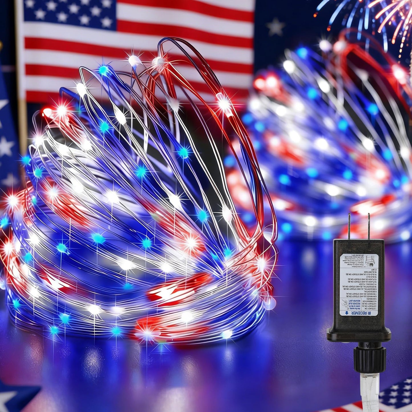 TWINGLEHOME 100 LED String Lights 33FT (10M) with Copper Wire, Multifunctional Modes Lighting (Red, White, Blue) for Nation Day