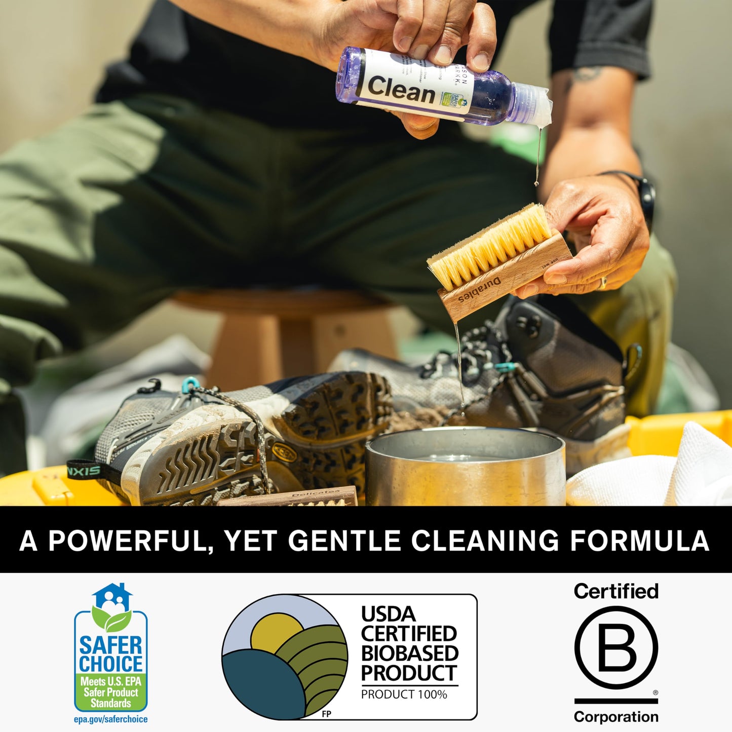 Jason Markk Essential Kit, Shoe Cleaner, Trainers Care, 2-Piece Set, Deep Cleaning Solution & Durables Brush, Ideal for Footwear, Full Grain Leather, Rubber, and more, 4oz