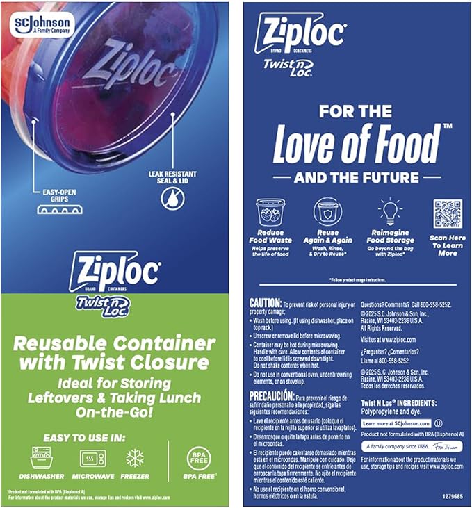 Ziploc Brand Twist n Loc Food Storage Containers, Leak Resistant Design