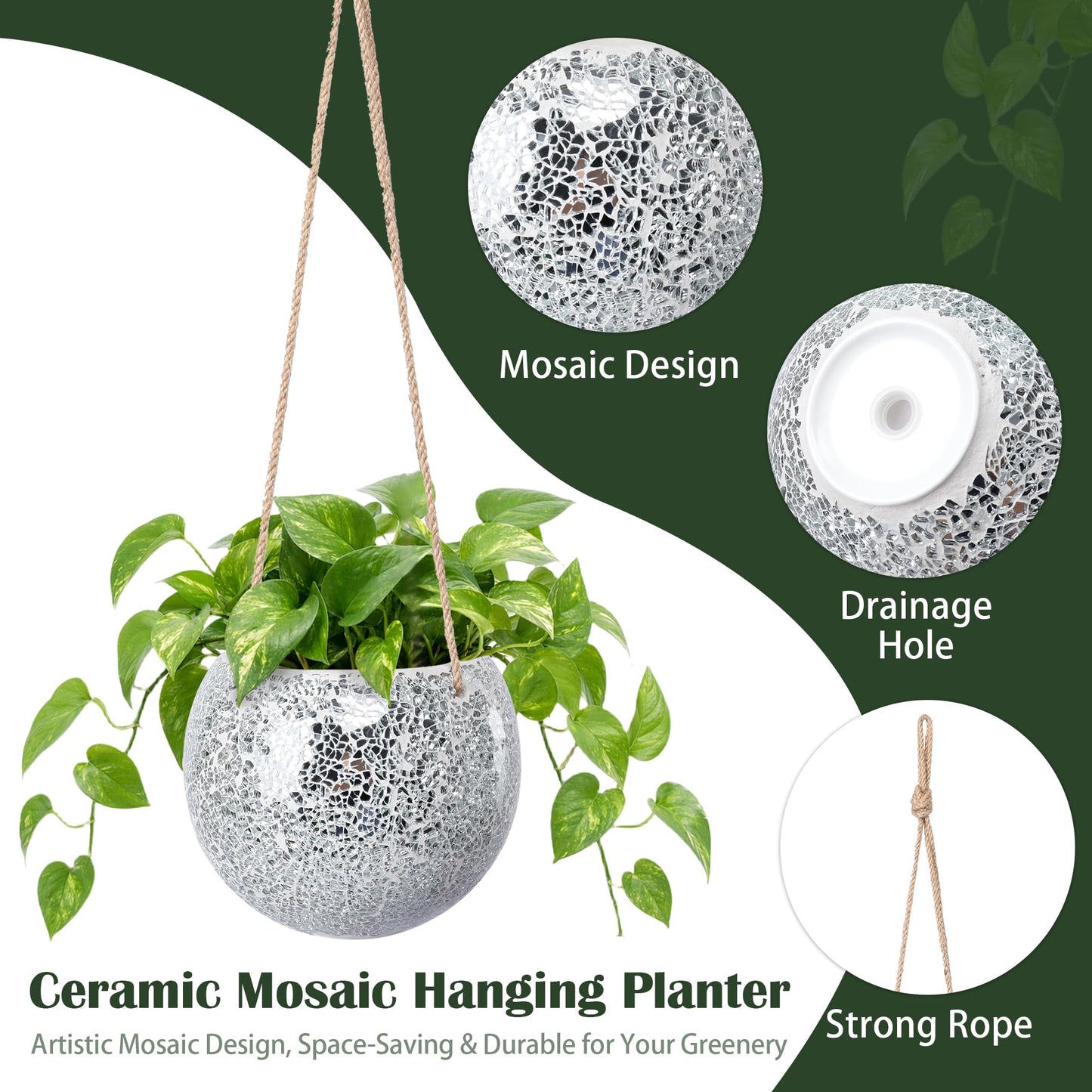Chonsun Hanging Planter Mosaic Garden Pot Small Flower Pot for Indoor Plant Disco Ball Hanging Planter with Drainage Sliver