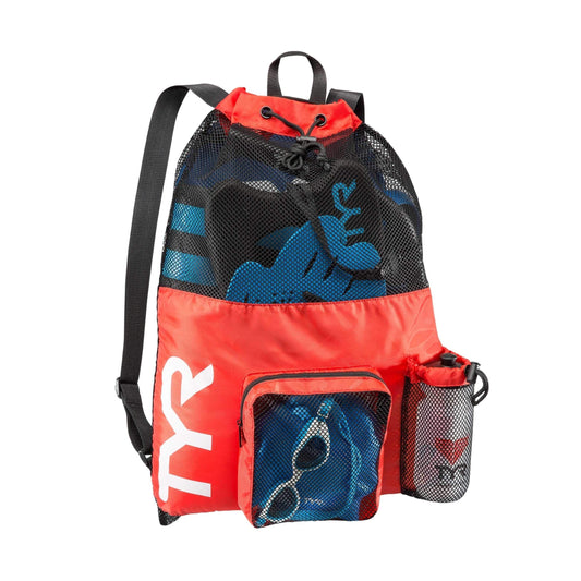 TYR Big Mesh Mummy Backpack for Wet Swimming, Gym, and Workout Gear, Red