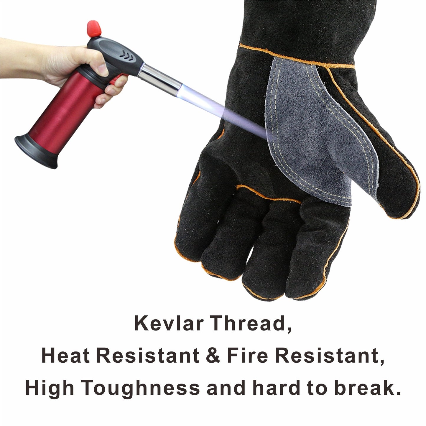 Kim Yuan Extreme Heat & Fire Resistant Gloves Leather with Kevlar Stitching,Perfect for Fireplace, Stove, Oven, Grill, Welding, BBQ, Mig, Pot Holder, Animal Handling, Black-Grey 16in/40cm 1 Pair