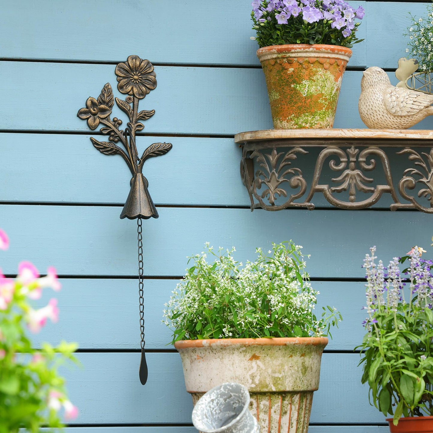 SOFFEE GARDEN Floral Cast Iron Bell, Double Flower & Cone-Shaped Bell Design for Porch, Pathway, or Garden Decor, Antique Style Metal Chime