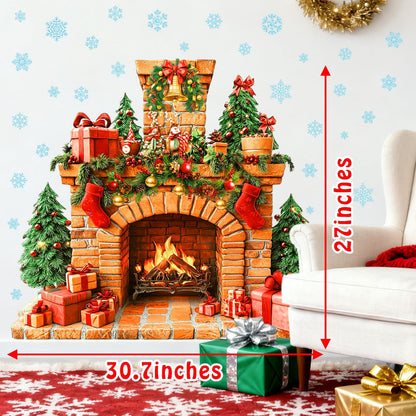 Large Fireplace Wall Stickers Removable Christmas Wall Decals Peel and Stick Fireplace Mural Sticker Winter Tree Snowflake Holiday Decorations for Walls Xmas Fire Flame Decal Party Decor