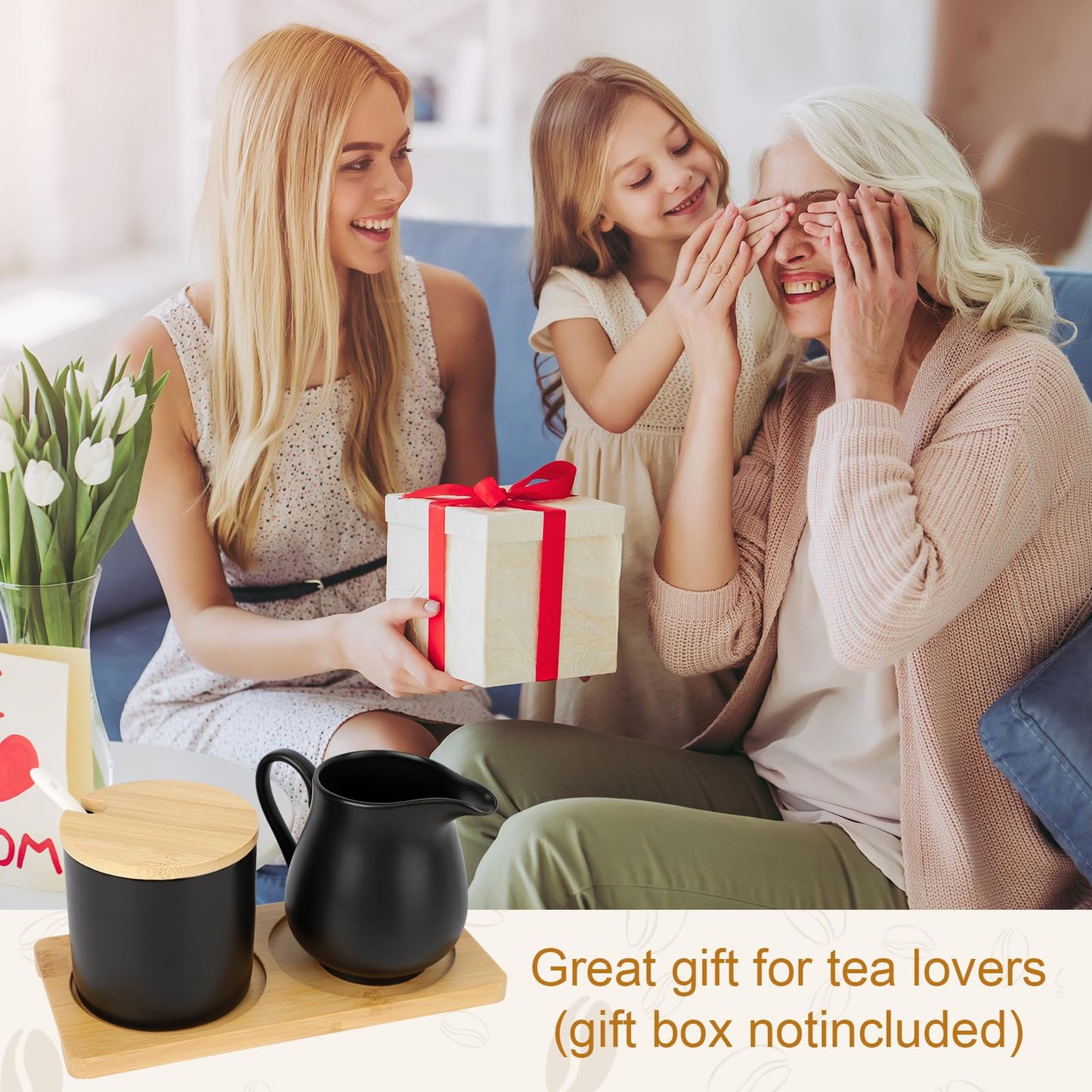 Ceramic Sugar and Cream Serving Set with Lid and Spoon, Coffee Serving Set Coffee Bar Accessories 9oz Creamer 8.45oz Sugar (Black)
