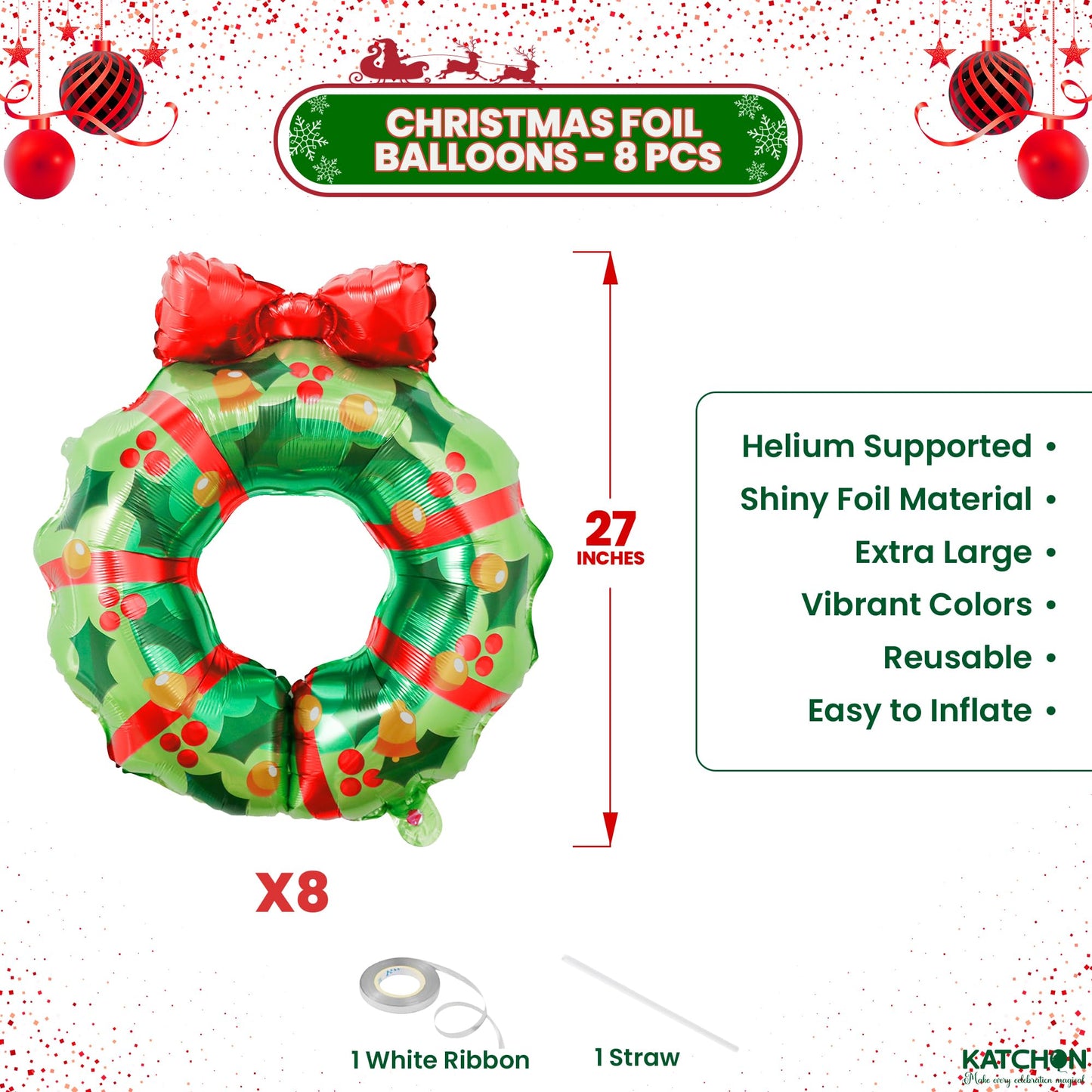 KatchOn, Large Christmas Wreath Foil Balloons – Pack of 8 | Christmas Decorations Indoor | Green Foil Balloons with Red Bow for Holiday Celebrations, Family Gatherings | Indoor Outdoor Festive Décor