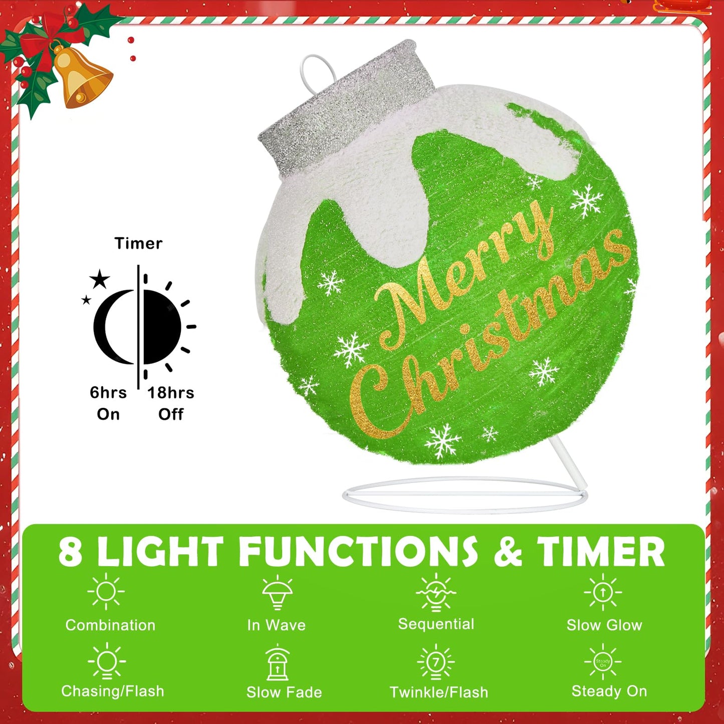 Outdoor Christmas Ball Ornaments, Collapsible Pop-Up Lighted Christmas Decorations with 80 Bright LED Lights, 8 Light Modes, Weatherproof Large Holiday Ball Decor for Yard, Lawn, Home（Red/Green/Blue）