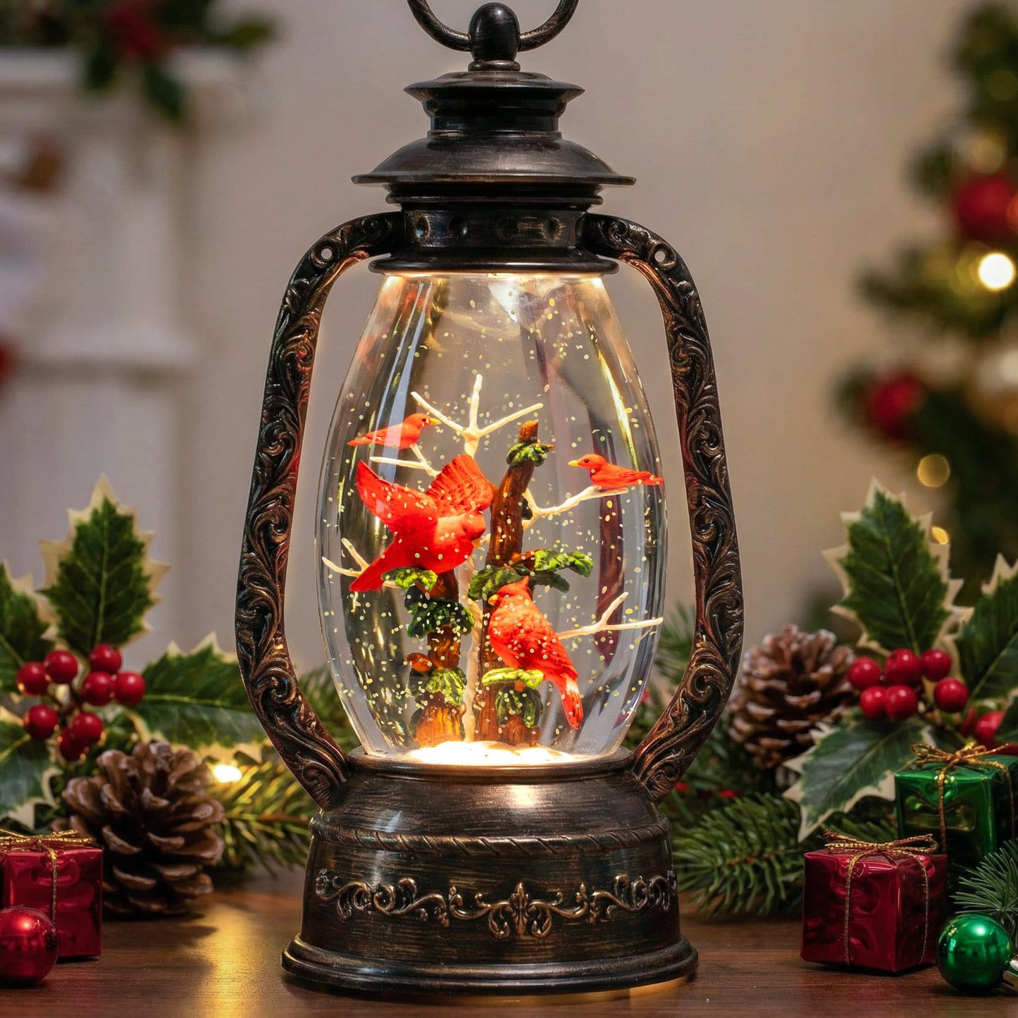 12" Christmas Snow Globe Lantern, Red Bird Music Box, Spinning Snowflake Glitter Water Lamp, USB and Battery Powered Christmas Decoration