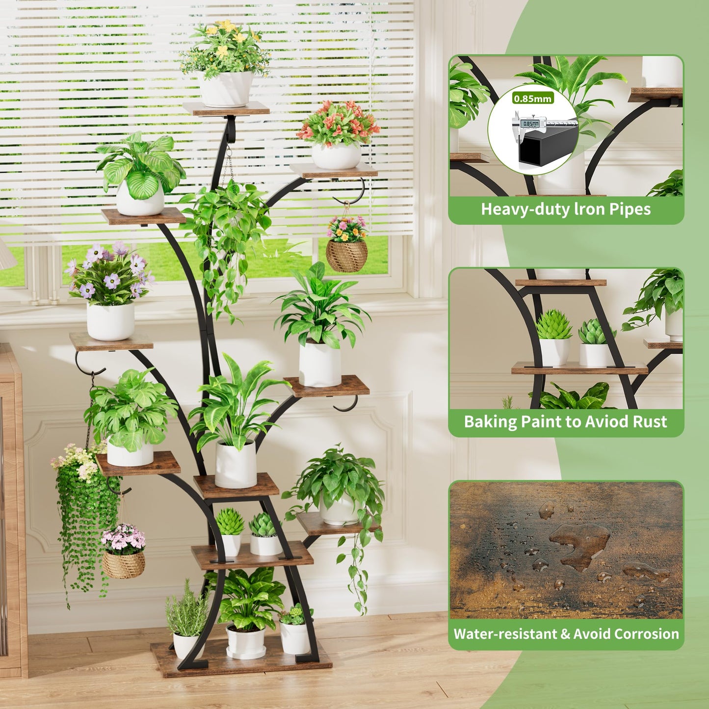 Plant Stand Indoor with Grow Lights - Lighted Plant Shelf Indoor, 64" Tall Corner Plant Stands for Indoor Growing, 10 Tier Flower Display Shelf, Large Tree-Shaped Holder for Home, Living Room, Black