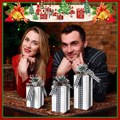 Amyhill 3 Pcs Christmas Wooden Gifts Box Decor Christmas Plaid Presents Table Centerpieces Rustic Wooden Gifts Tiered Tray Decor with Buffalo Plaid Bowknot for Xmas Party (White,Fashion)