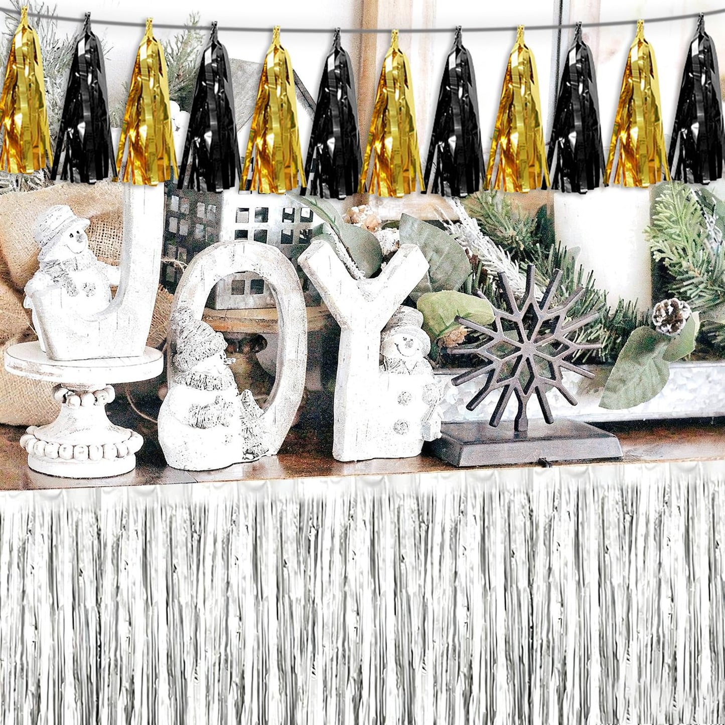 4P Black Gold Tassel Banner Garland Metallic Foil Fringe Banner Tinsel Tassels Streamer Banner Backdrop for Parade Floats, 2025 Graduation Decorations, Father's Day,New Years Party Decoration