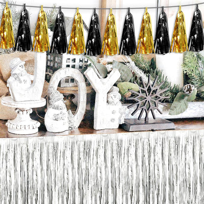 4P Black Gold Tassel Banner Garland Metallic Foil Fringe Banner Tinsel Tassels Streamer Banner Backdrop for Parade Floats, 2025 Graduation Decorations, Father's Day,New Years Party Decoration
