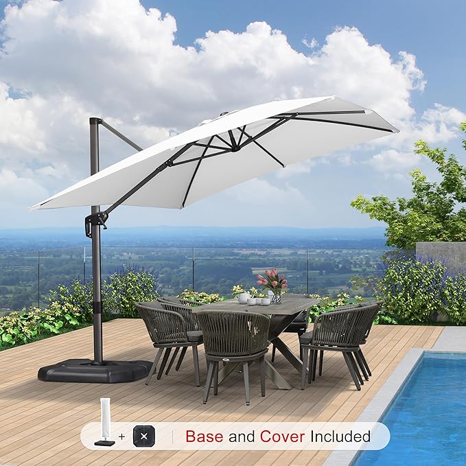 PURPLE LEAF 9'×11.5' Cantilever Patio Umbrella with Base Rectangle Offset Outdoor Umbrella Cover with Zipper for Garden Deck Pool White