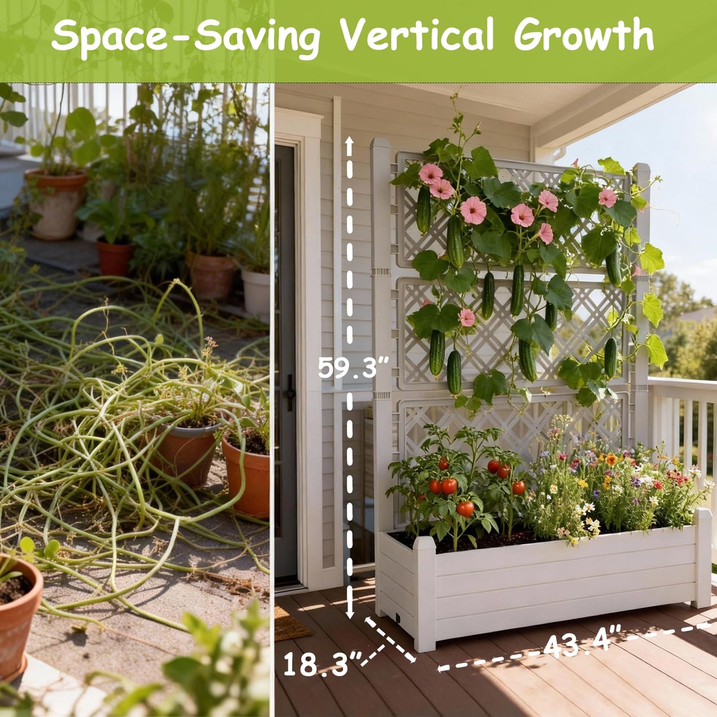 Tramull 5' Tall Raised Garden Bed with Trellis, Self Watering Planter Box for Outdoor Climbing Plants Resin Garden Lattice for Vegetables, Flowers, Tomato & Vine with Drainage Holes (Ashen, 1 PC)