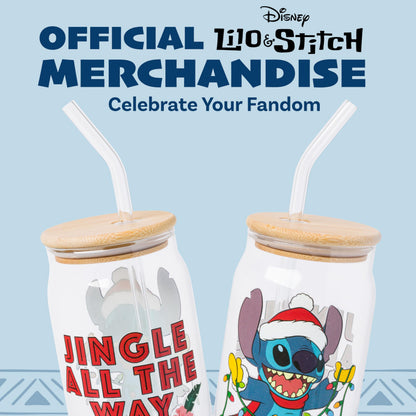 Silver Buffalo Disney Lilo and Stitch “Jingle All the Way” Glass Tumbler with Bamboo Lid and Glass Straw Featuring Stitch, 16 Ounces