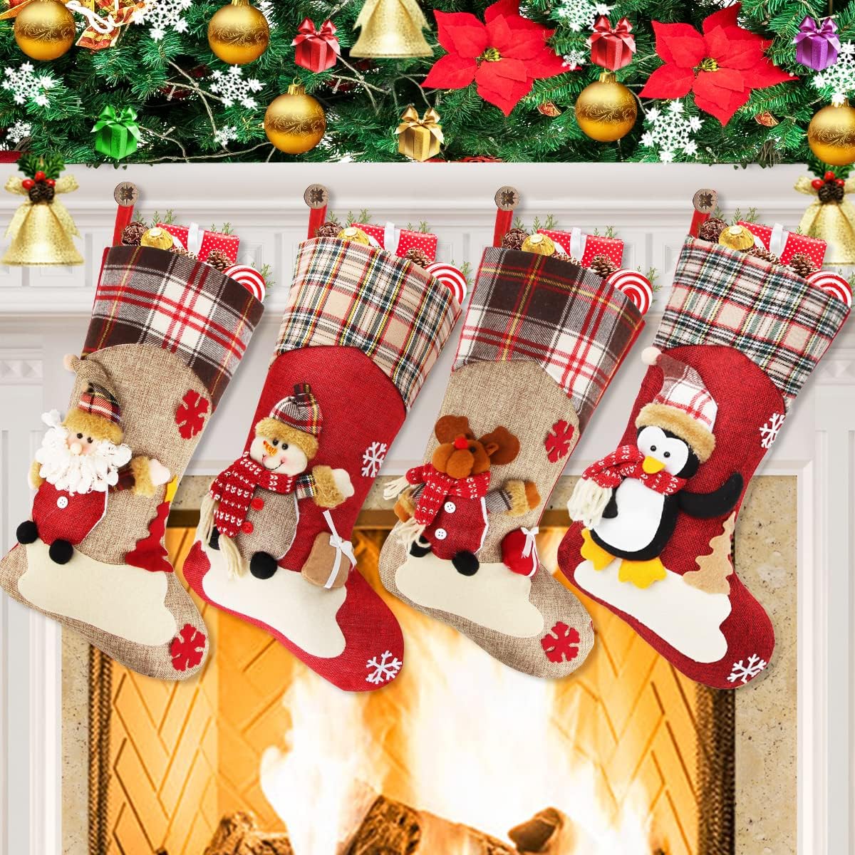 Dreampark Christmas Stockings Bulk 4 Pcs - 18" Classic Xmas Stockings Set of 4 - Santa Snowman Reindeer Penguin Christmas Stocking Decorations Home Decor Party Supplies & Kids Gifts