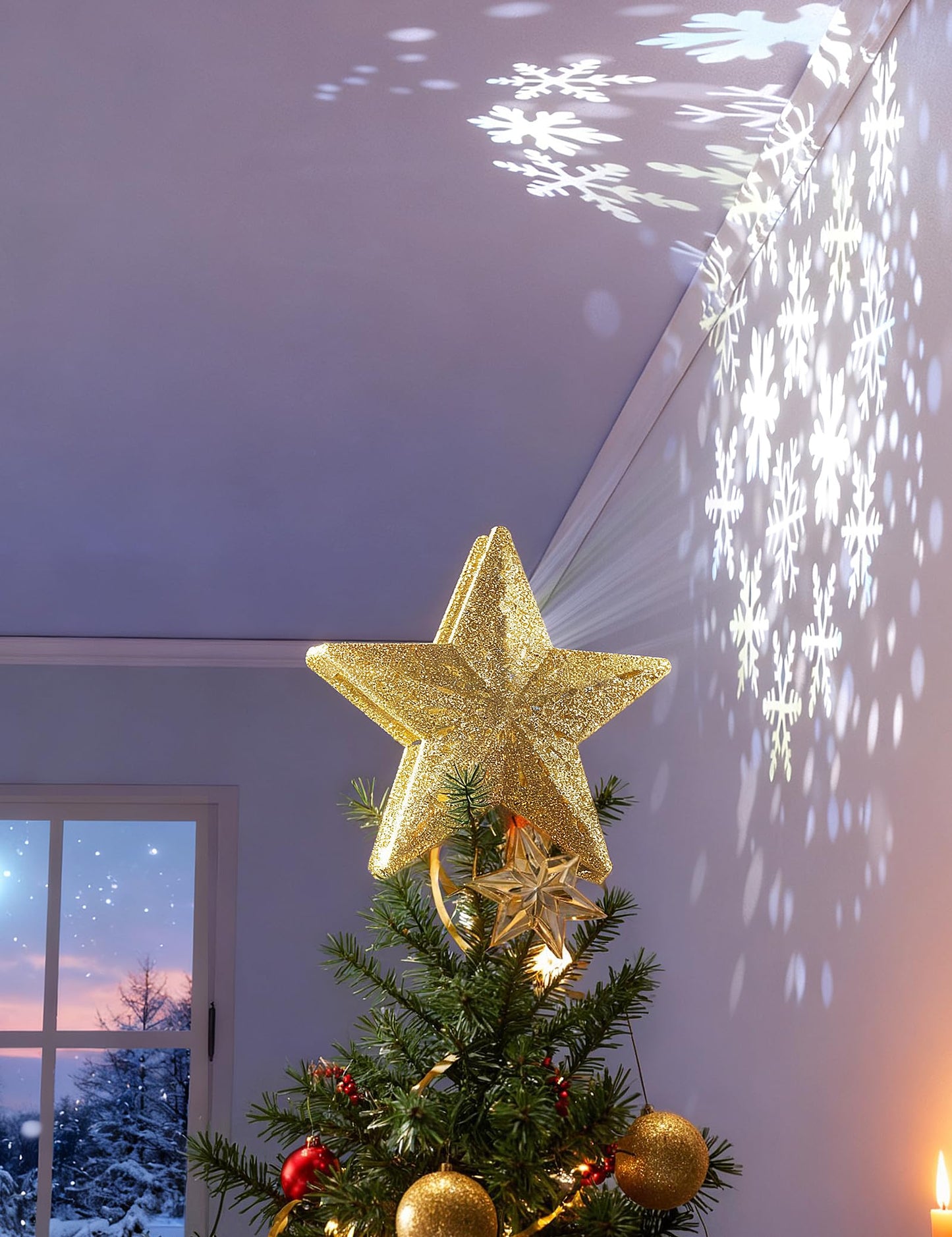 DG-Direct Christmas Tree Topper Lighted Star [Gold],3D Hollow Sparkling Star Christmas Tree Topper with Rotating Magic Cool White Snowflake Projector for Christmas Tree Ornament (Gold)