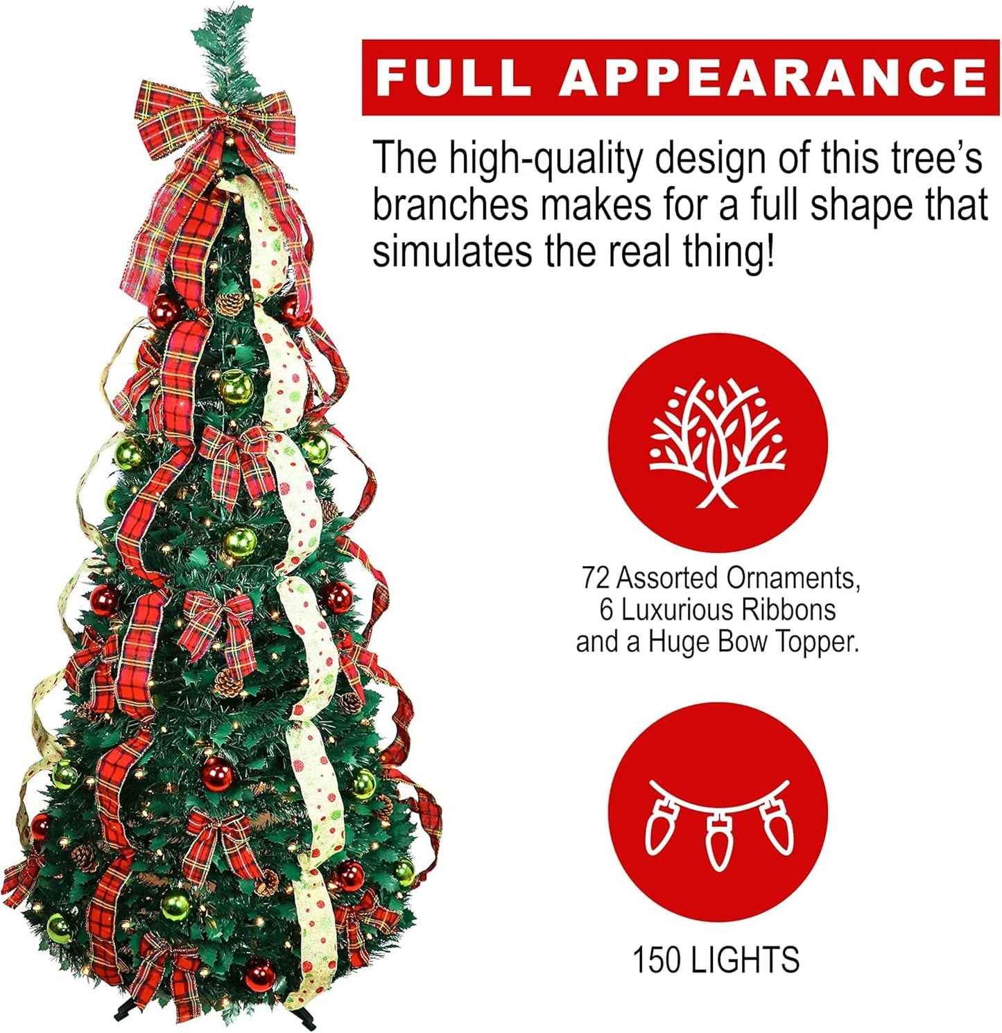 6ft Pop up Christmas Tree - Fully Decorated Pre-Lit Pull Up Tree Includes Storage Bag, Ornaments, Ribbon, Pinecones, Stand, and Warm UL Lights