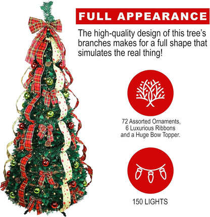 6ft Pop up Christmas Tree - Fully Decorated Pre-Lit Pull Up Tree Includes Storage Bag, Ornaments, Ribbon, Pinecones, Stand, and Warm UL Lights