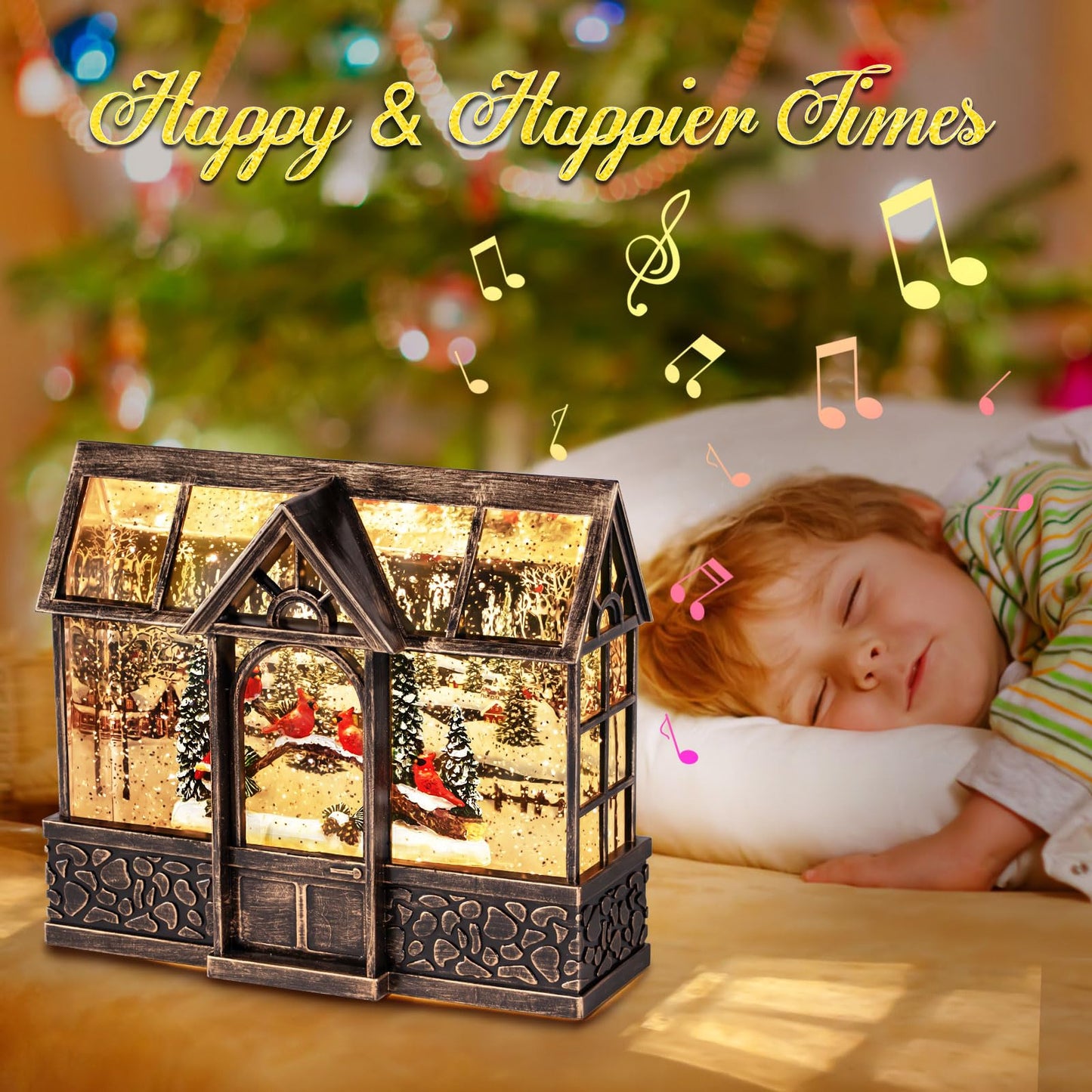 Christmas Lantern Snow Globe, Cardinal Music Box with 8 Songs, 6H Timer Battery Operated & USB Powered Suitable for Christmas Home Decorations Holiday Table Party Decor Gifts