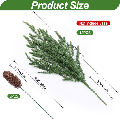 florisso Artificial Christmas Norfolk Pine Stems Branches for Vases,12 Bundles Faux Pine Branches with 5 PCS Big Pinecones Stems Fake Greenery Evergreen Real Touch for Holiday Winter Table Xmas Decor