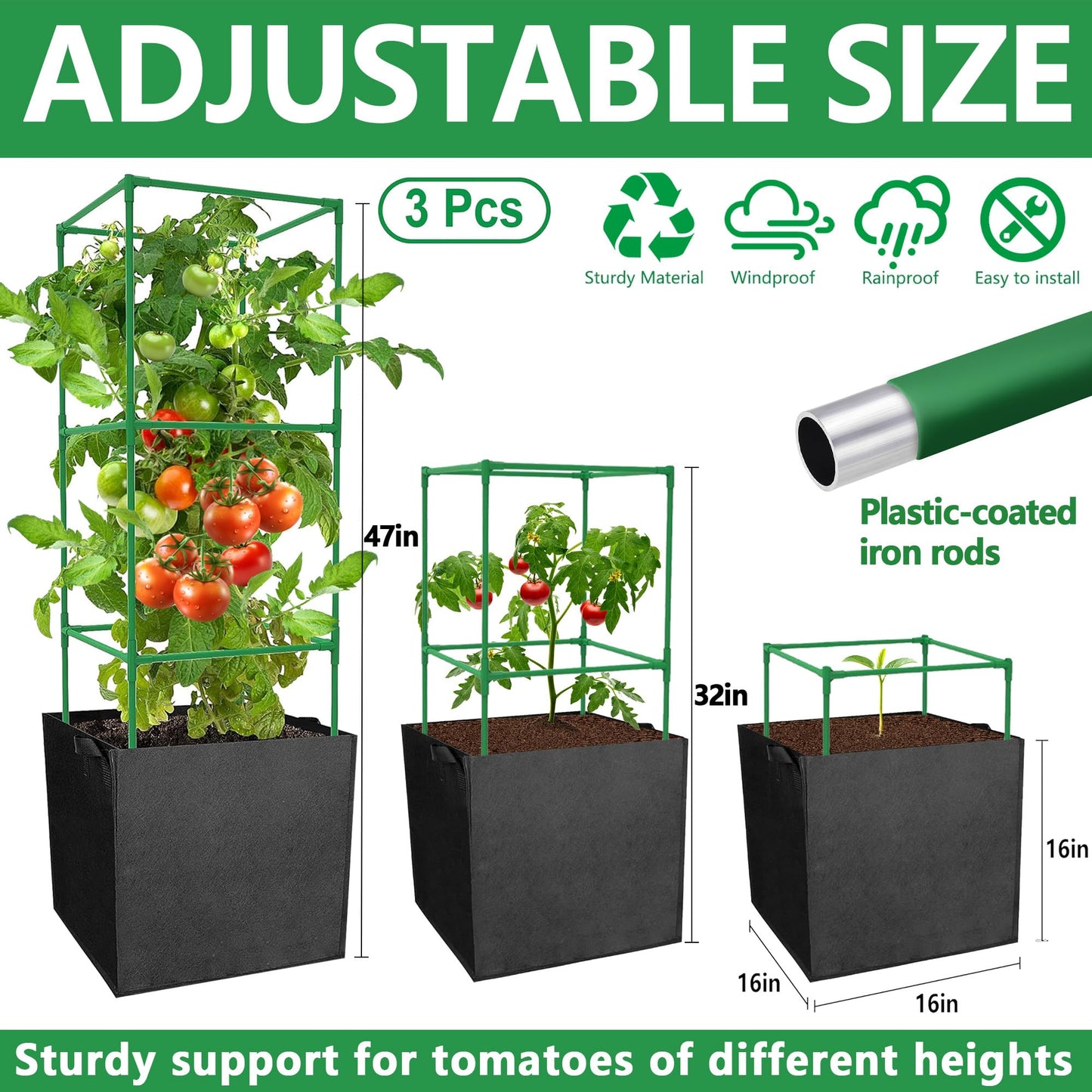 3 Packs 47 x 16 x 16 Inch Garden Tomato Cages with 17 Gallon Grow Bags- Square Plant Support Trellis Assembled with Planter Bags- Garden Cucumber Vegetables Frames for Vertical Climbing Plants