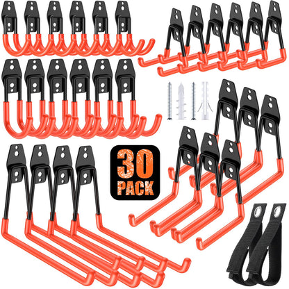 MIKRUI 30 Pack Heavy Duty Garage Hooks,Solid Steel Wall Mount Hangers,with Anti-Slip Coating,for Hanging and Organising Ladder,Bike,Ropes,Broom,Garden,Yard and Power Tools